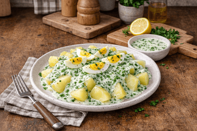 Zemiaky s vajcom a zelenou omáčkou