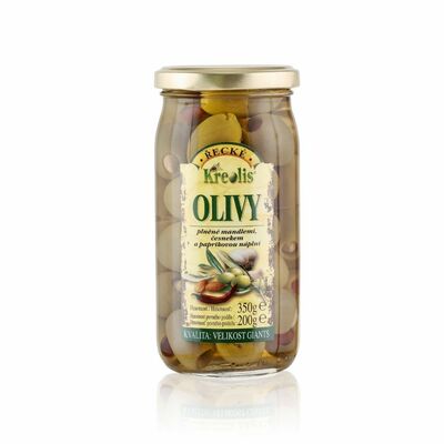 Olivy zelené plnené mix mandľa, cesnak, chilli 350g Kreolis 