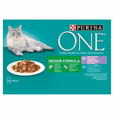 Purina ONE Indoor 2x tuniak 2x teľacie mäso 4x85 g