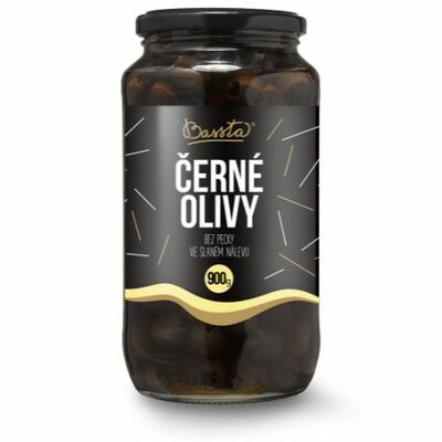 Olivy čierne celé bez kôstky sklo 900g Bassta